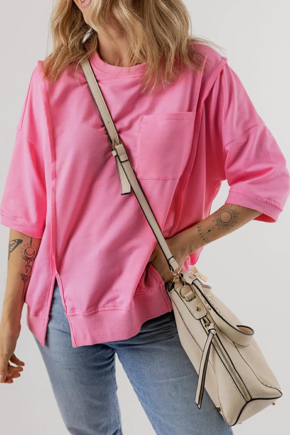 Outlet Dear-Lover Exposed Seam Chest Pocket Split Loose T Shirt Bonbon