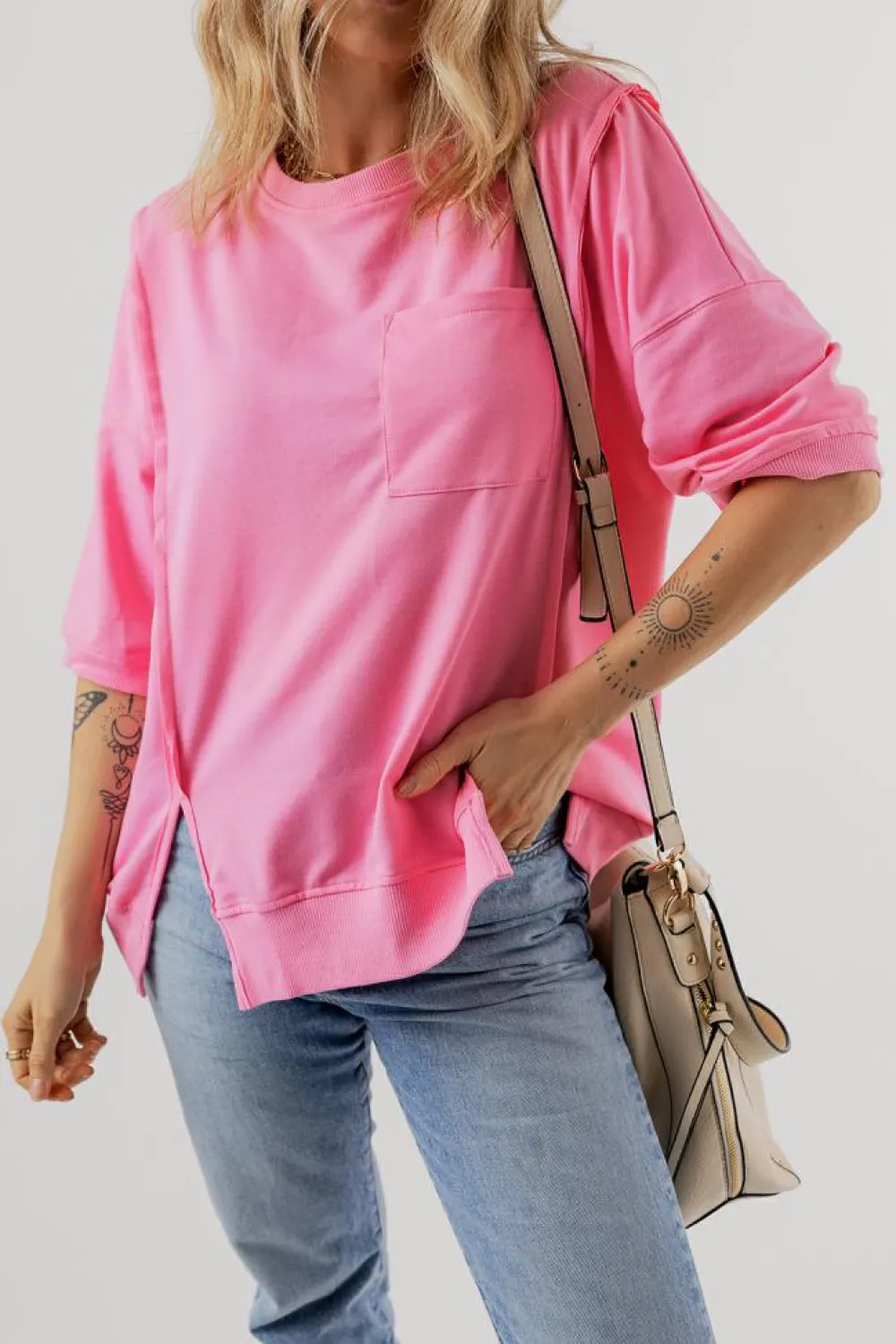 Outlet Dear-Lover Exposed Seam Chest Pocket Split Loose T Shirt Bonbon
