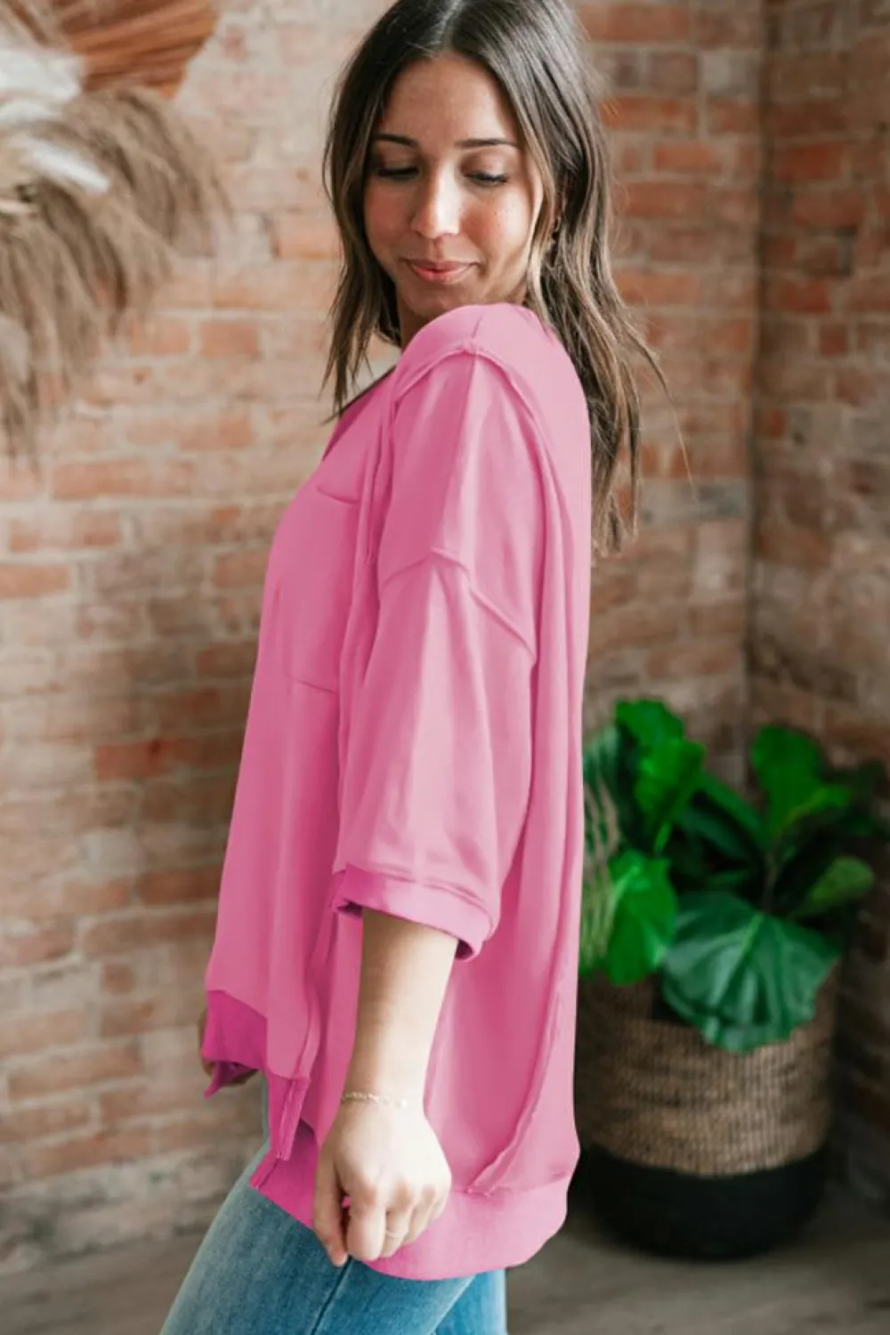 Outlet Dear-Lover Exposed Seam Chest Pocket Split Loose T Shirt Bonbon