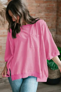 Outlet Dear-Lover Exposed Seam Chest Pocket Split Loose T Shirt Bonbon