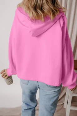 Best Dear-Lover Fleece Lined Half Zipper Kangaroo Pockets Loose Hoodie Bonbon