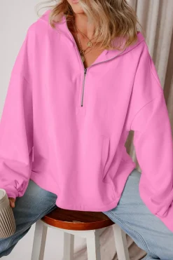 Best Dear-Lover Fleece Lined Half Zipper Kangaroo Pockets Loose Hoodie Bonbon