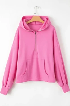 Best Dear-Lover Fleece Lined Half Zipper Kangaroo Pockets Loose Hoodie Bonbon