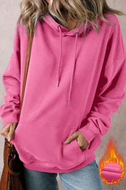Online Dear-Lover Fleece Lined Kangaroo Pocket Drawstring Chunky Hoodie Bonbon