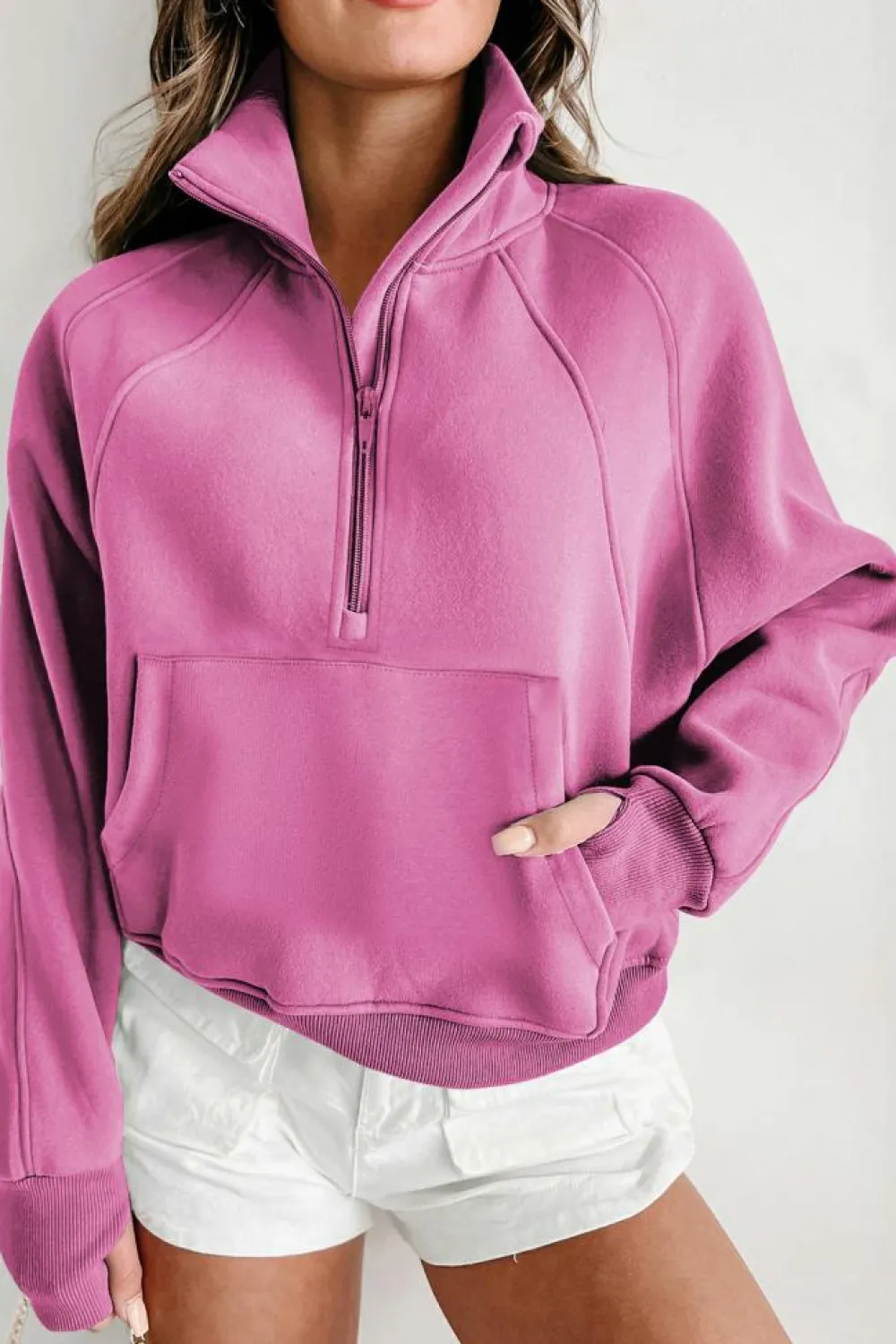 Clearance Dear-Lover Fleece Lined Zip Up Stand Collar Thumbhole Sleeve Sweatshirt Bonbon