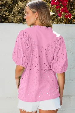 Sale Dear-Lover Flower Embroidered Hollow-out Puff Sleeve Blouse Bonbon