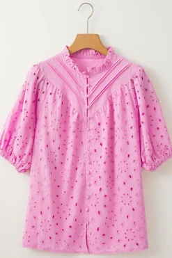 Sale Dear-Lover Flower Embroidered Hollow-out Puff Sleeve Blouse Bonbon
