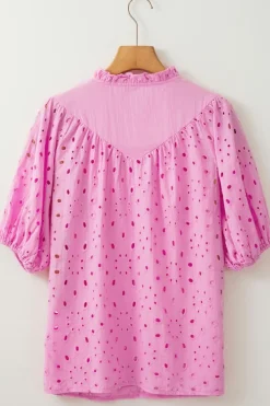 Sale Dear-Lover Flower Embroidered Hollow-out Puff Sleeve Blouse Bonbon