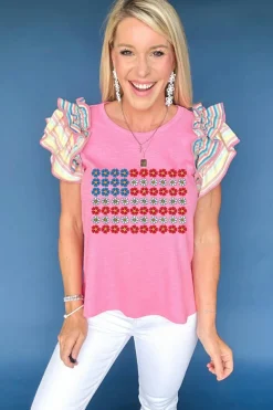 Hot Dear-Lover Flower Graphic Striped Ruffled Short Sleeve Ribbed Knit Top Bonbon