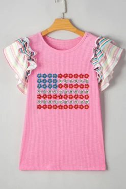 Hot Dear-Lover Flower Graphic Striped Ruffled Short Sleeve Ribbed Knit Top Bonbon