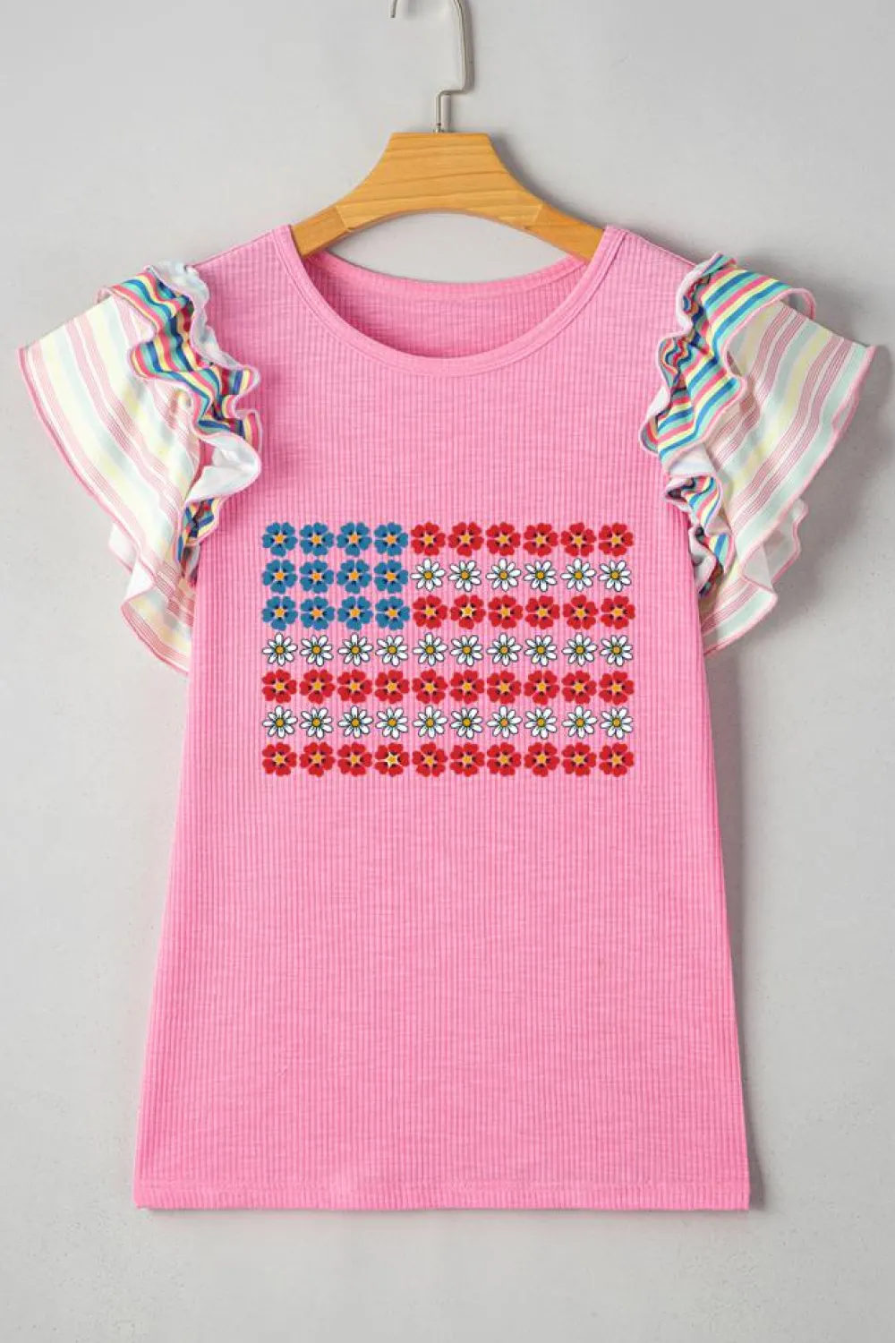 Hot Dear-Lover Flower Graphic Striped Ruffled Short Sleeve Ribbed Knit Top Bonbon