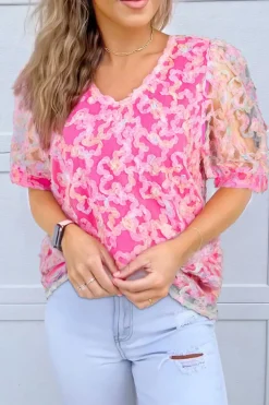 New Dear-Lover Flowery Mesh Short Puff Sleeve Blouse Bonbon