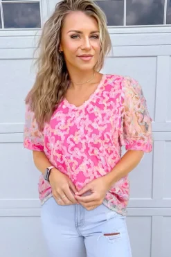 New Dear-Lover Flowery Mesh Short Puff Sleeve Blouse Bonbon