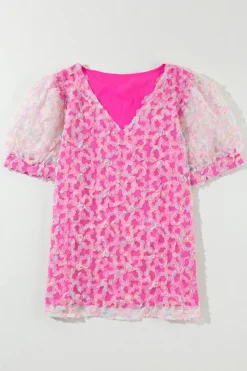 New Dear-Lover Flowery Mesh Short Puff Sleeve Blouse Bonbon