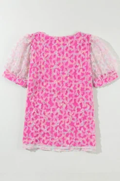 New Dear-Lover Flowery Mesh Short Puff Sleeve Blouse Bonbon