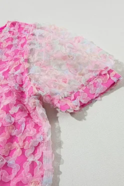 New Dear-Lover Flowery Mesh Short Puff Sleeve Blouse Bonbon