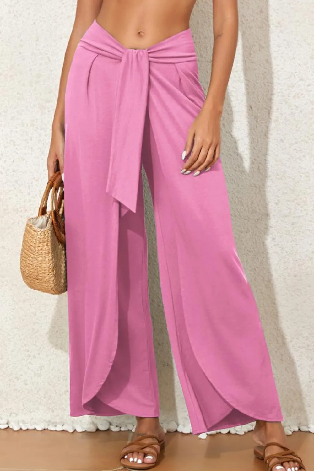 New Dear-Lover Knotted Drop Waist Split Leg Relaxed Pants Bonbon