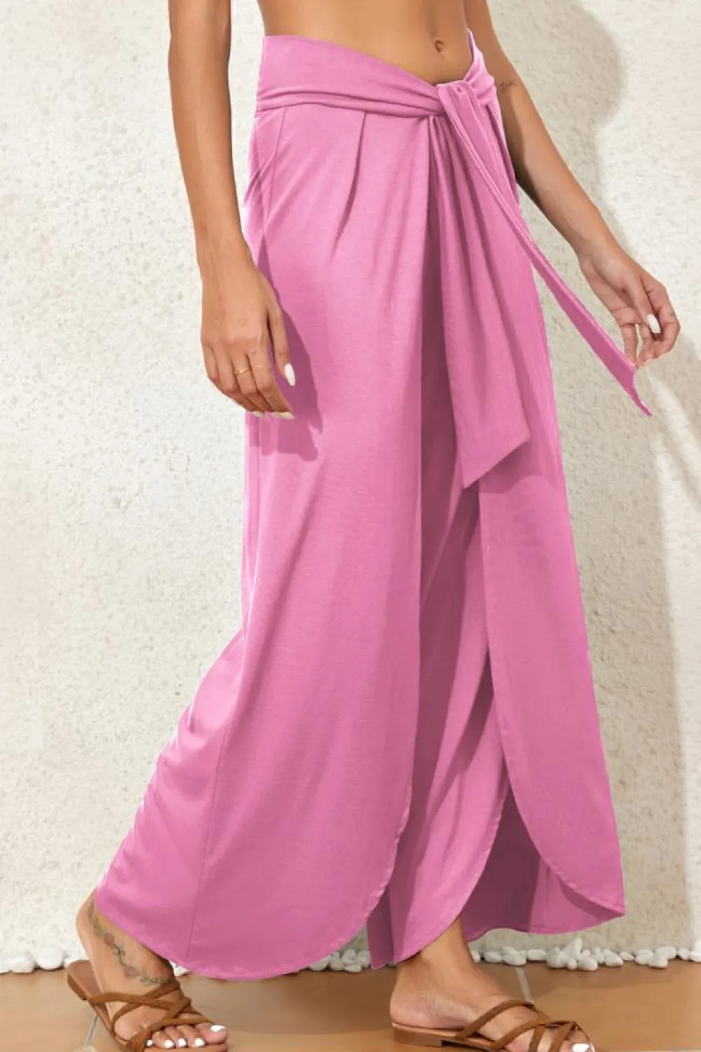 New Dear-Lover Knotted Drop Waist Split Leg Relaxed Pants Bonbon