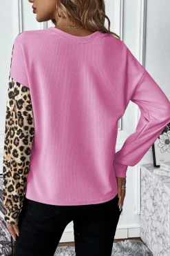 Hot Dear-Lover Leopard Colorblock Waffle Knit Top Bonbon