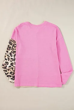 Hot Dear-Lover Leopard Colorblock Waffle Knit Top Bonbon