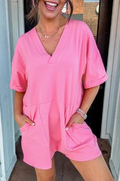 New Dear-Lover Loose Half Sleeve V Neck Knit Romper Bonbon