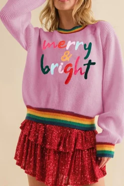 Discount Dear-Lover Merry & Bright Colorful Stripes Trim Sweater Bonbon