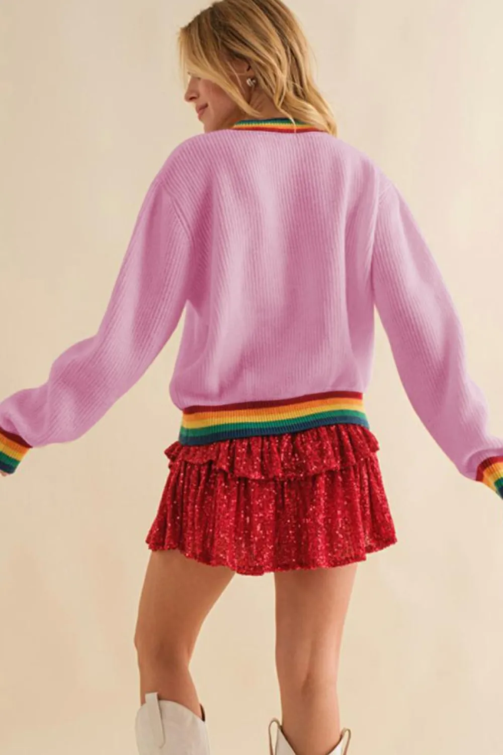 Discount Dear-Lover Merry & Bright Colorful Stripes Trim Sweater Bonbon