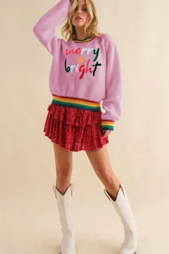 Discount Dear-Lover Merry & Bright Colorful Stripes Trim Sweater Bonbon
