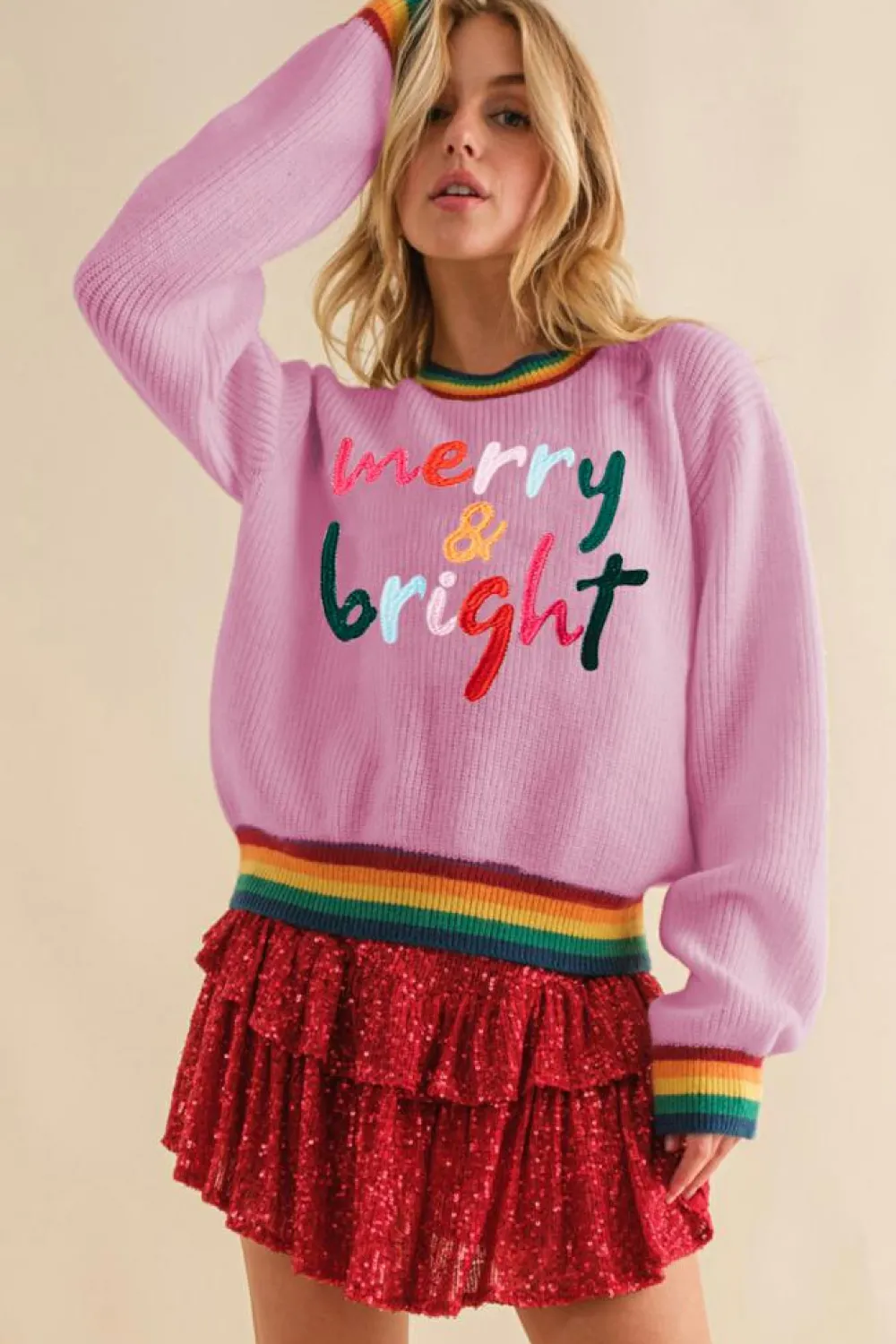 Discount Dear-Lover Merry & Bright Colorful Stripes Trim Sweater Bonbon