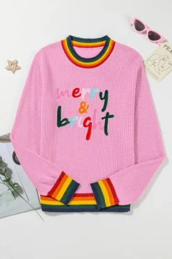 Discount Dear-Lover Merry & Bright Colorful Stripes Trim Sweater Bonbon