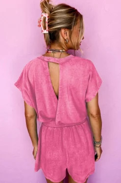 Sale Dear-Lover Mineral Wash Drawstring Waist Hollow Out Back Short Sleeve Romper Bonbon