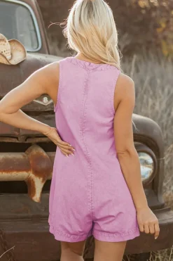Sale Dear-Lover Mineral Wash Pleated Bust V Neck Sleeveless Denim Romper Bonbon