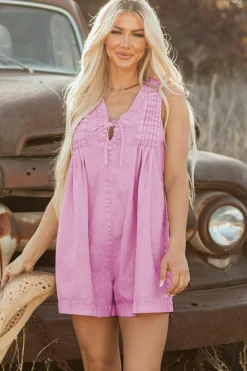 Sale Dear-Lover Mineral Wash Pleated Bust V Neck Sleeveless Denim Romper Bonbon