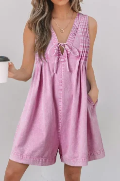 Sale Dear-Lover Mineral Wash Pleated Bust V Neck Sleeveless Denim Romper Bonbon