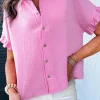 Sale Dear-Lover Mineral Wash Textured Ruffle Trim Short Sleeve Shirt Bonbon