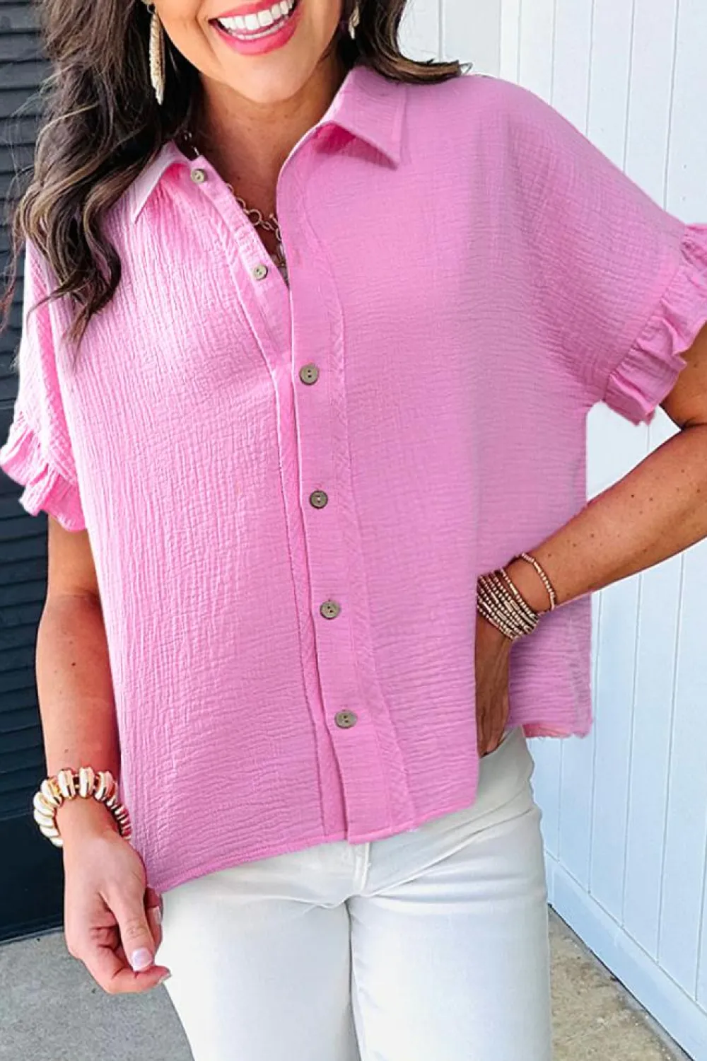 Sale Dear-Lover Mineral Wash Textured Ruffle Trim Short Sleeve Shirt Bonbon