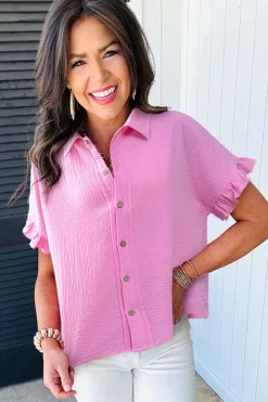 Sale Dear-Lover Mineral Wash Textured Ruffle Trim Short Sleeve Shirt Bonbon