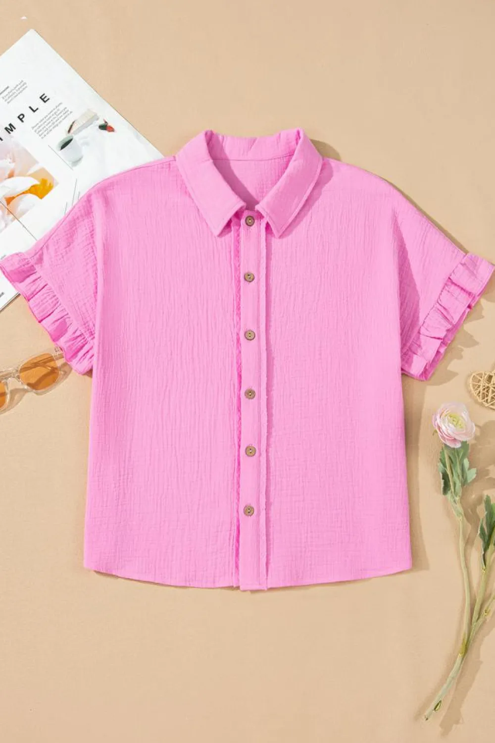 Sale Dear-Lover Mineral Wash Textured Ruffle Trim Short Sleeve Shirt Bonbon