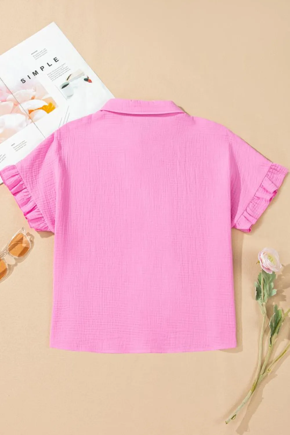 Sale Dear-Lover Mineral Wash Textured Ruffle Trim Short Sleeve Shirt Bonbon