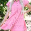 Fashion Dear-Lover Mineral Washed Ruffle Sleeve Tiered Chambray Dress Bonbon