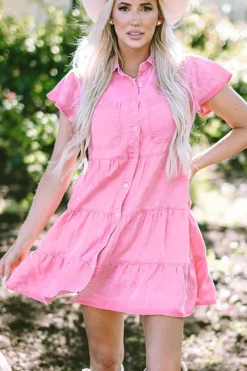 Fashion Dear-Lover Mineral Washed Ruffle Sleeve Tiered Chambray Dress Bonbon