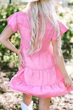 Fashion Dear-Lover Mineral Washed Ruffle Sleeve Tiered Chambray Dress Bonbon