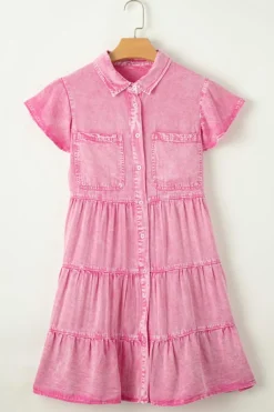 Fashion Dear-Lover Mineral Washed Ruffle Sleeve Tiered Chambray Dress Bonbon