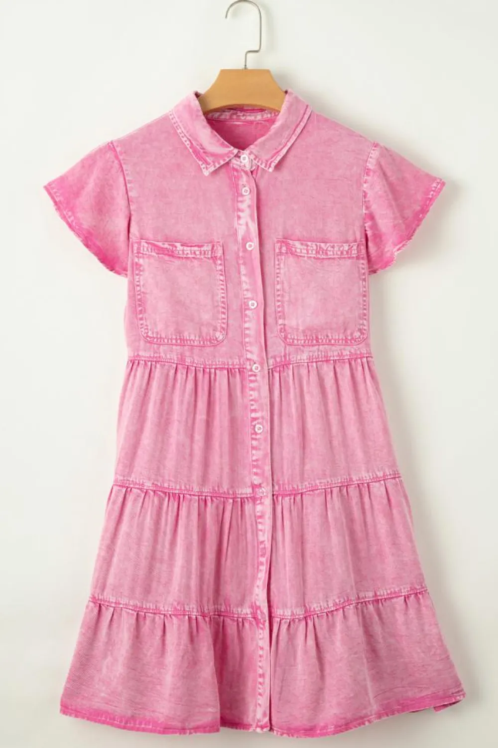 Fashion Dear-Lover Mineral Washed Ruffle Sleeve Tiered Chambray Dress Bonbon