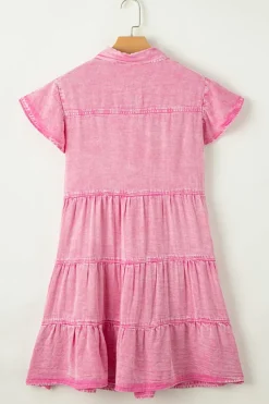 Fashion Dear-Lover Mineral Washed Ruffle Sleeve Tiered Chambray Dress Bonbon