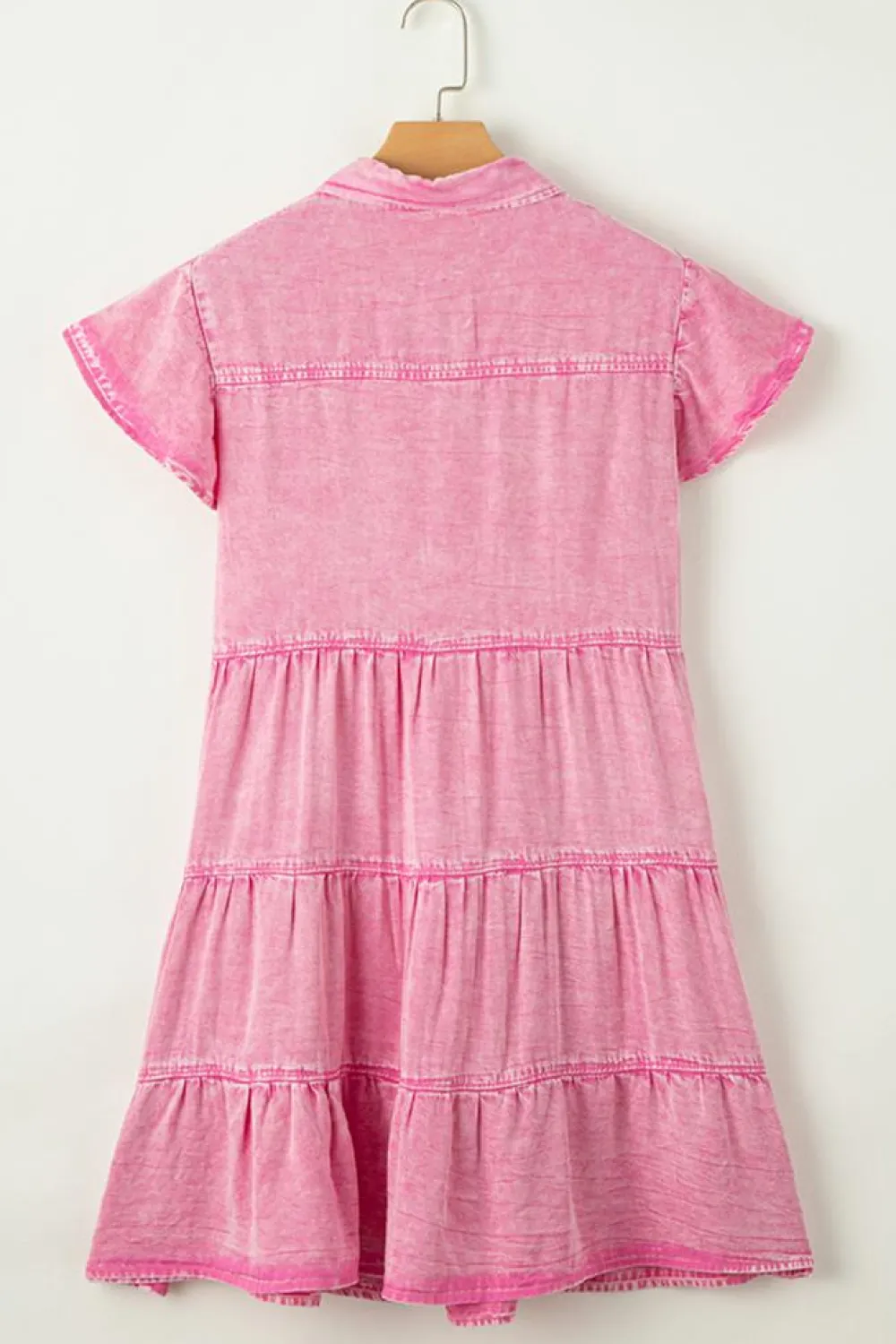 Fashion Dear-Lover Mineral Washed Ruffle Sleeve Tiered Chambray Dress Bonbon