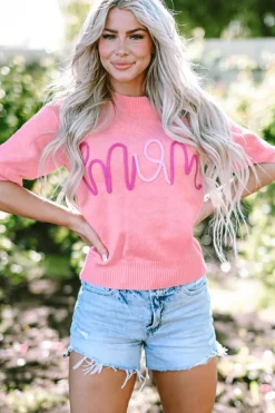 Outlet Dear-Lover Mom Tinsel Front Short Sleeve Sweater Bonbon
