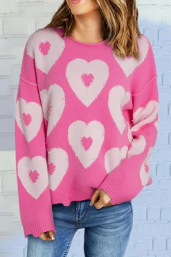 New Dear-Lover Pearl Beaded Heart Drop Shoulder Sweater Bonbon