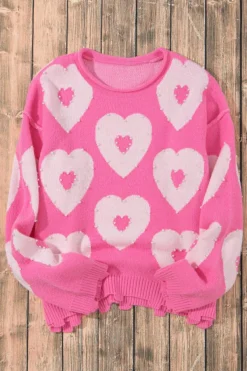 New Dear-Lover Pearl Beaded Heart Drop Shoulder Sweater Bonbon
