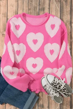 New Dear-Lover Pearl Beaded Heart Drop Shoulder Sweater Bonbon